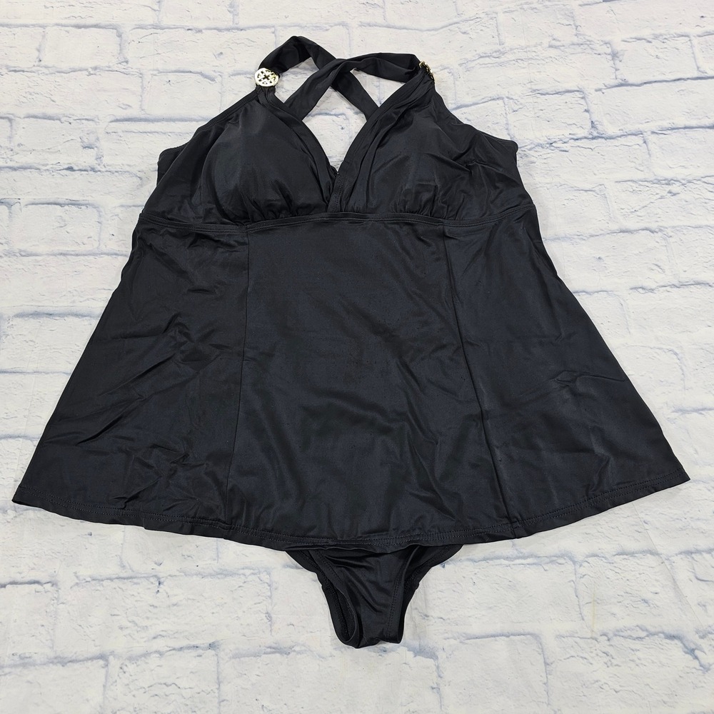 Jaclyn Smith Swim Dress Womens 20W Black Halter Gold Hardware Modest Beachwear